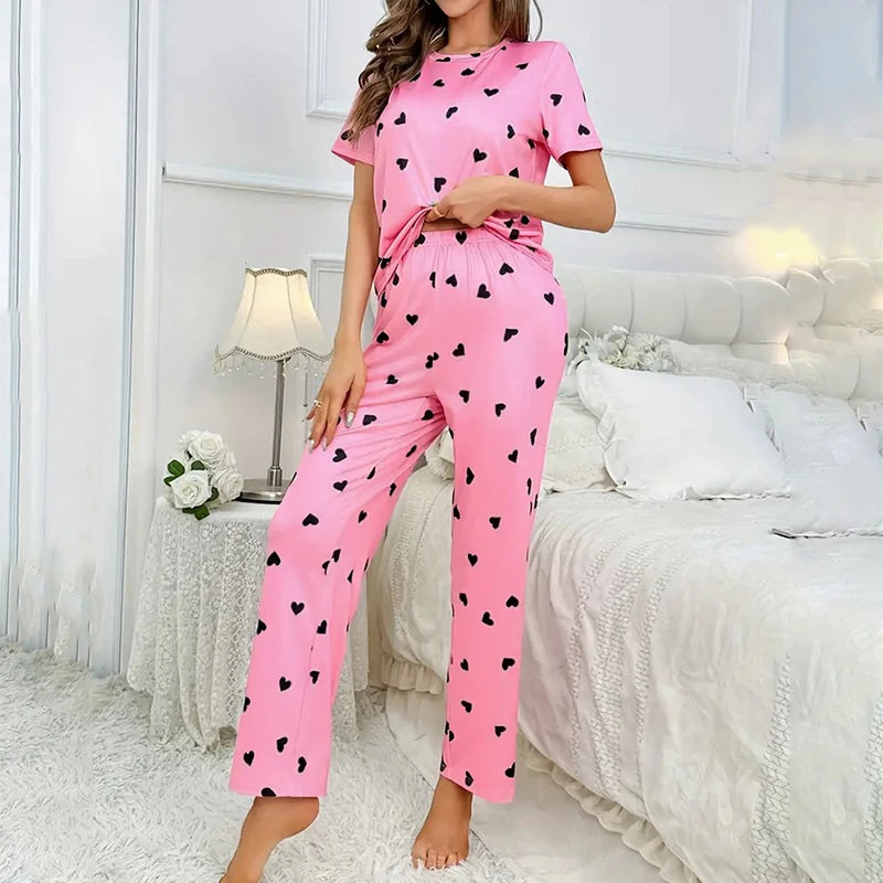 Casual Heart Print Pajama Set Autumn Short Sleeve Crew Neck Top & Elastic Pants For Valentine's Day Women Sleepwear & Loungewear