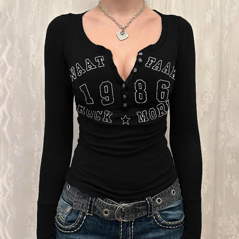 Letter Print Women's Tees Spring Streetwear Long Sleeves O-Neck Bodycon Black Sexy Top Button Fashion Casual Slim T-shirt Female