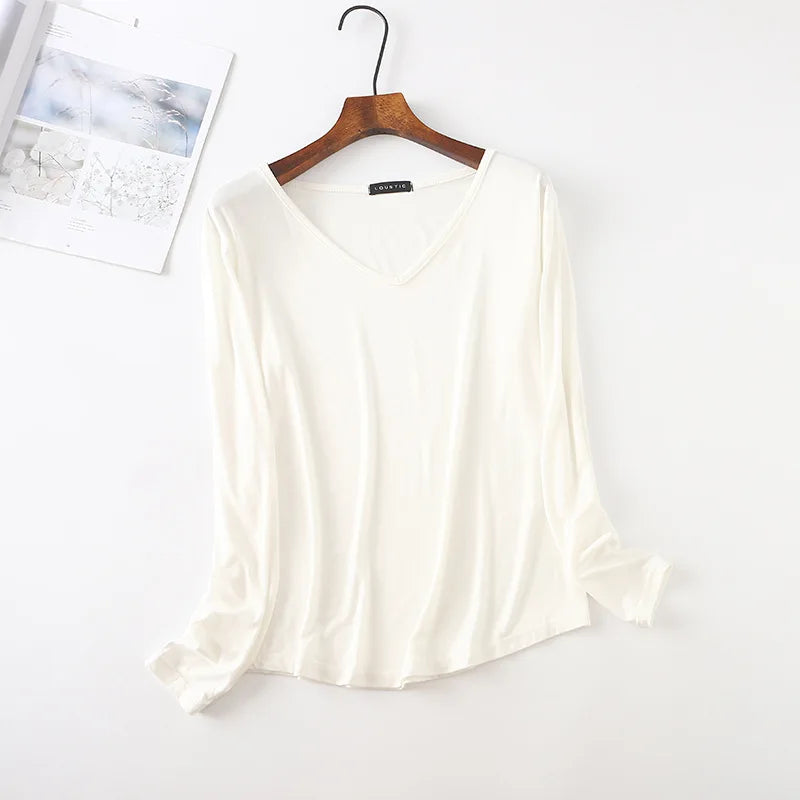 Autumn Modal Tshirt Women's Loose V Neck Bottoming T-shirts Long sleeves Casual Base Tee Tops Solid color Tee Shirts