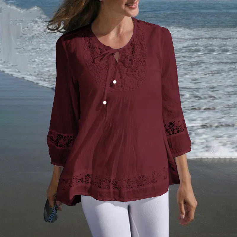 T Shirt Women Spring Autumn Cotton Linen Splicing Lace Temperament 3/4 Sleeve Loose Top T-shirt Tshirt women's Clothing YLY016
