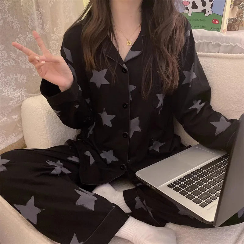 Spring and Autumn New Ladies Ins Pajamas Homewear Set Girls Simple Striped Long-Sleeved Student Underwear Pajamas Homewear Set