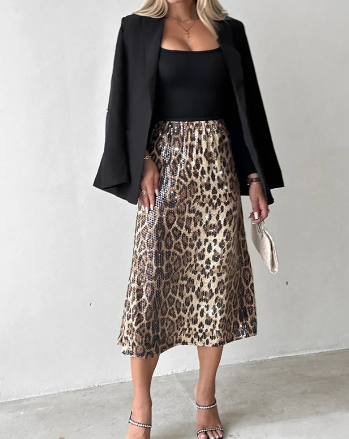 Abito da donna in stile urbano per pendolari, autunno inverno 2024, ultima moda, gonna con paillettes all-over e motivo leopardato, gonna a vita alta