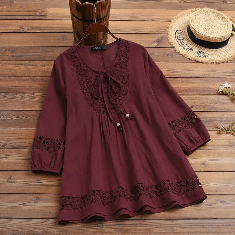 T Shirt Women Spring Autumn Cotton Linen Splicing Lace Temperament 3/4 Sleeve Loose Top T-shirt Tshirt women's Clothing YLY016