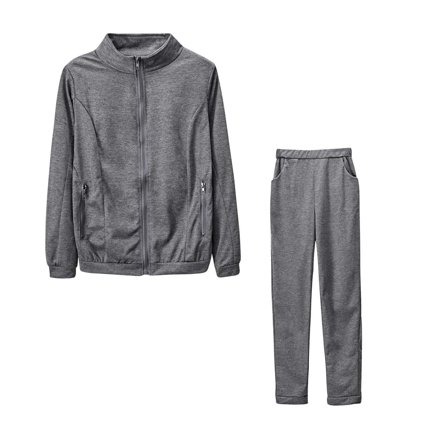 Women Pant Sets Pocket Long Pants Solid Casual Spliced Zipper Stand Collar Coats Full Sleeve Jackets Outwear Lady Regular