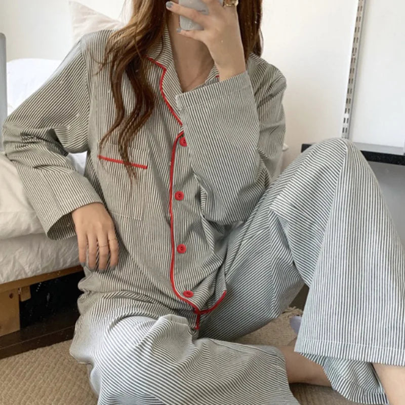 Spring and Autumn New Ladies Ins Pajamas Homewear Set Girls Simple Striped Long-Sleeved Student Underwear Pajamas Homewear Set