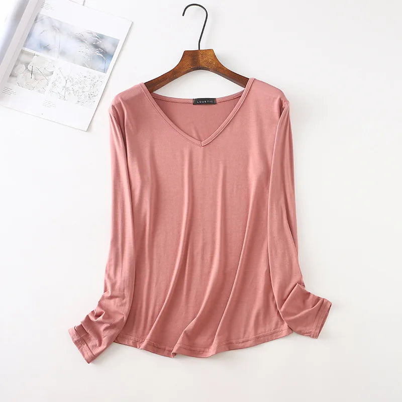 Autumn Modal Tshirt Women's Loose V Neck Bottoming T-shirts Long sleeves Casual Base Tee Tops Solid color Tee Shirts