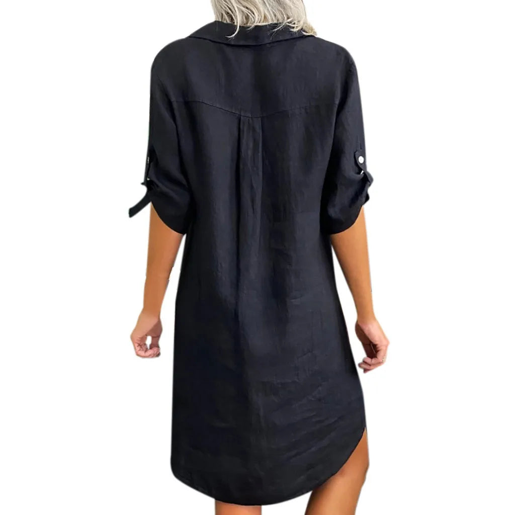 Oversized S-5XL Women Loose Blend Dress Summer Turn Down Collar Short Sleeve Solid Baggy Brazil Vestidos Beachwear FYY-1062