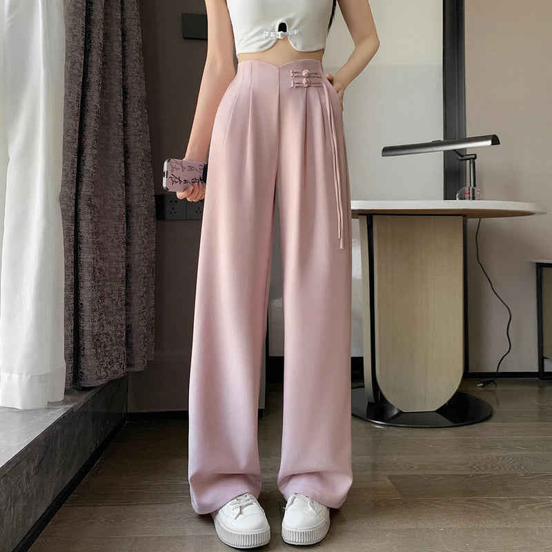 2024 New Linen High Waist Suit Wide Leg Women's Full Pants Spring Summer Female Elegant Minimalism Straight Loose Trousers