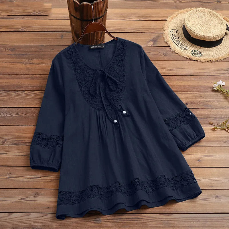 T Shirt Women Spring Autumn Cotton Linen Splicing Lace Temperament 3/4 Sleeve Loose Top T-shirt Tshirt women's Clothing YLY016