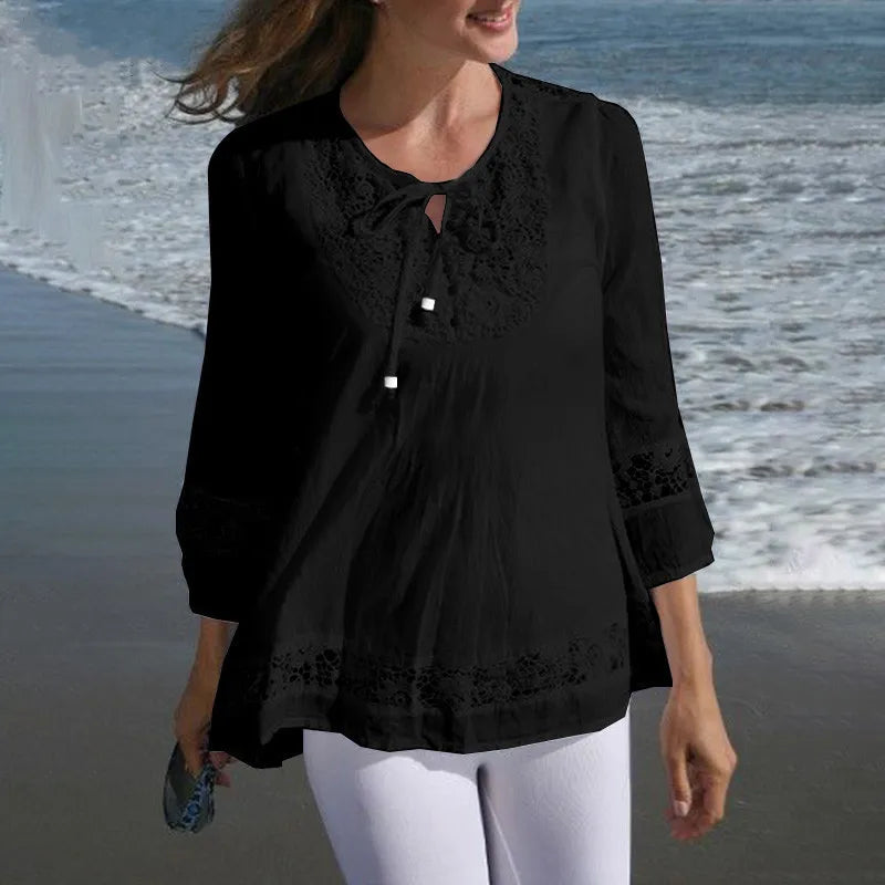 T Shirt Women Spring Autumn Cotton Linen Splicing Lace Temperament 3/4 Sleeve Loose Top T-shirt Tshirt women's Clothing YLY016