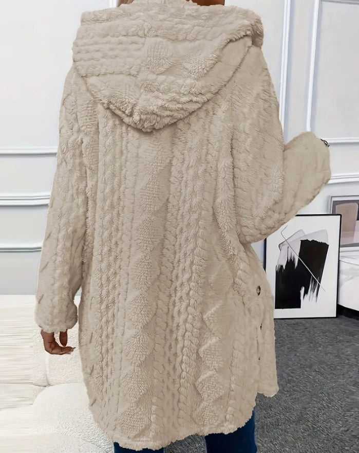 Women's Lazy Style Cardigan Autumn Winter Latest 2025 Argyle Textured Pattern Hooded Buttoned Fleece Coat Open Front jacket