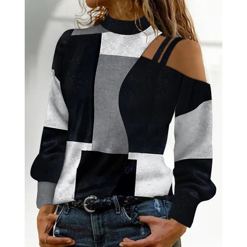 Autumn Winter Fashion Sexy Off Shoulder Print Tops 2023 Women Elegant O-neck Long Sleeve Office Lady Female Party Chic Blouse
