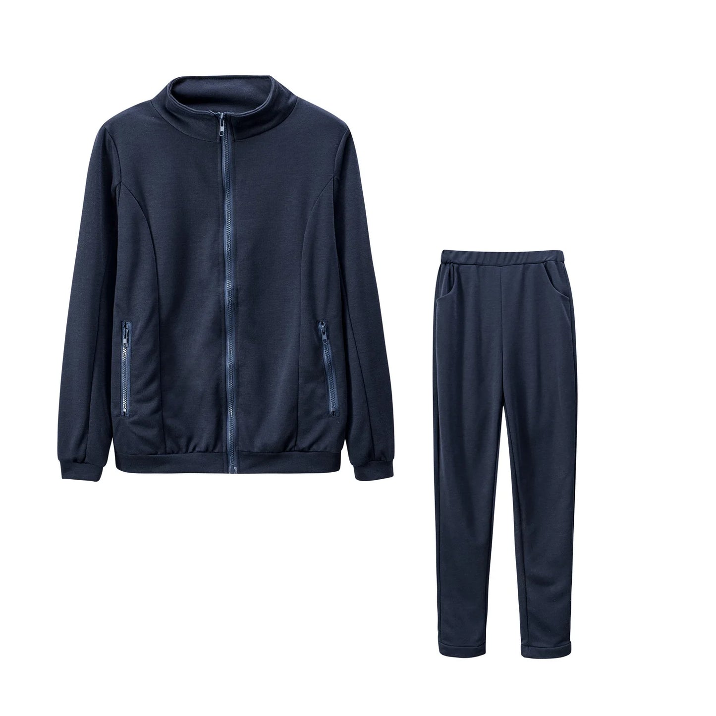 Women Pant Sets Pocket Long Pants Solid Casual Spliced Zipper Stand Collar Coats Full Sleeve Jackets Outwear Lady Regular