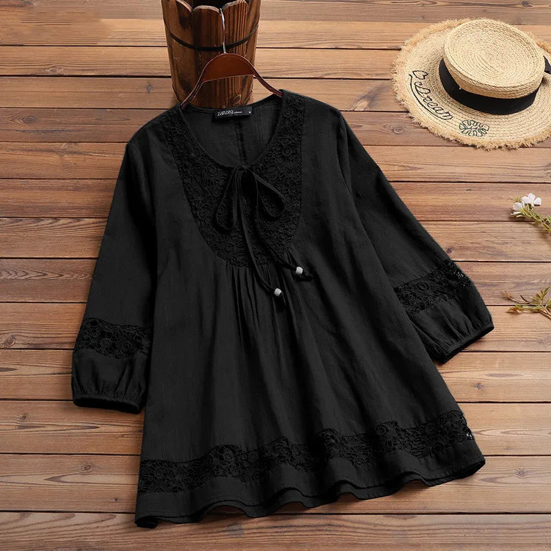 T Shirt Women Spring Autumn Cotton Linen Splicing Lace Temperament 3/4 Sleeve Loose Top T-shirt Tshirt women's Clothing YLY016