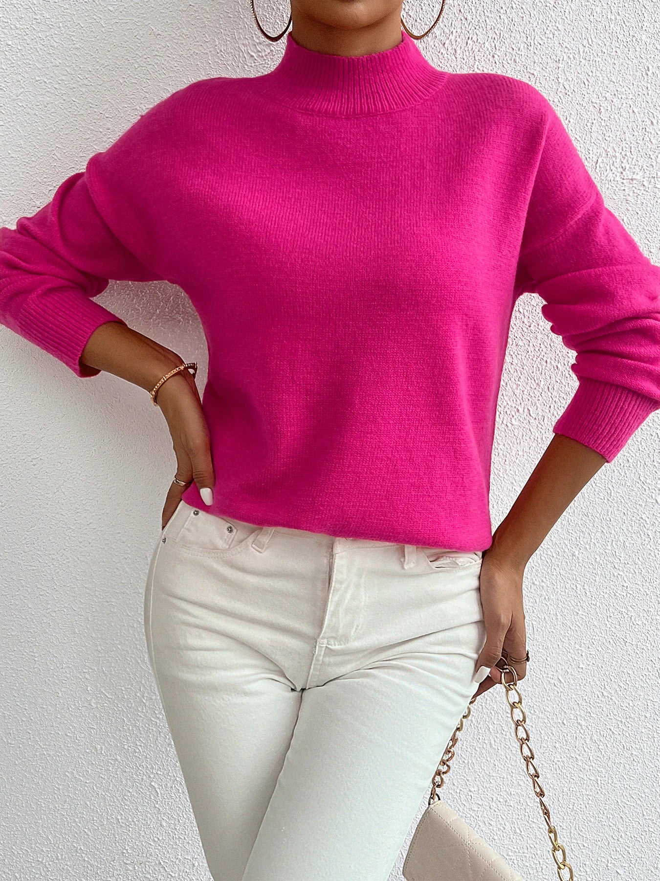 nch style small high neck off shoulder pullover sweater