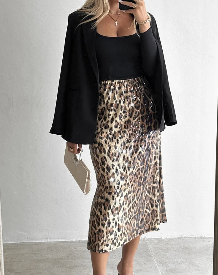 Abito da donna in stile urbano per pendolari, autunno inverno 2024, ultima moda, gonna con paillettes all-over e motivo leopardato, gonna a vita alta