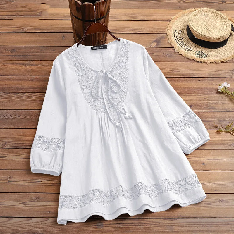 T Shirt Women Spring Autumn Cotton Linen Splicing Lace Temperament 3/4 Sleeve Loose Top T-shirt Tshirt women's Clothing YLY016