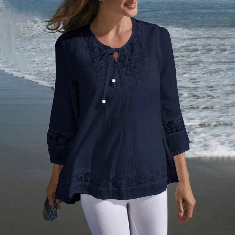 T Shirt Women Spring Autumn Cotton Linen Splicing Lace Temperament 3/4 Sleeve Loose Top T-shirt Tshirt women's Clothing YLY016