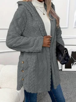 Women's Lazy Style Cardigan Autumn Winter Latest 2025 Argyle Textured Pattern Hooded Buttoned Fleece Coat Open Front jacket
