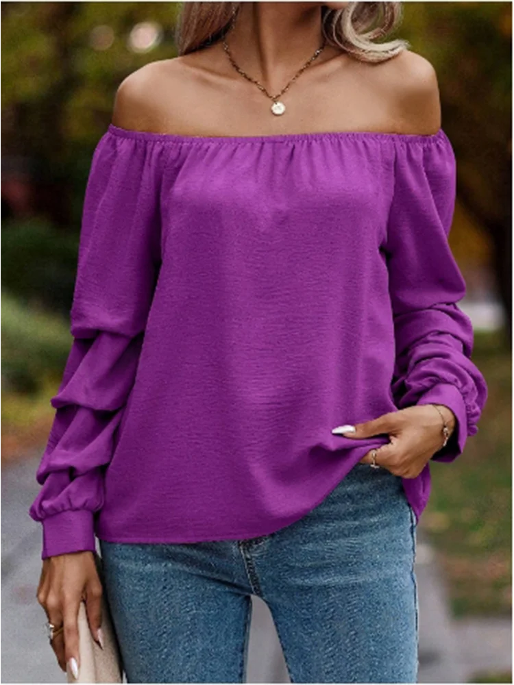 Sexy Long Sleeve Solid Color Off Shoulder Top Women's Folding Sleeves T-Shirt Elegant Casual Autumn Party Clothes