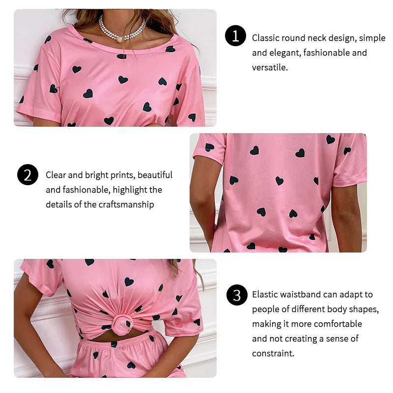 Casual Heart Print Pajama Set Autumn Short Sleeve Crew Neck Top & Elastic Pants For Valentine's Day Women Sleepwear & Loungewear