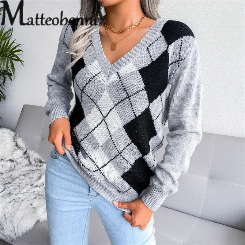 College Style Rhombus Sweater Women Elegant V Neck Pullover Jumpers Female Autumn Winter Casual Loose Knitwear Trend Streetwear