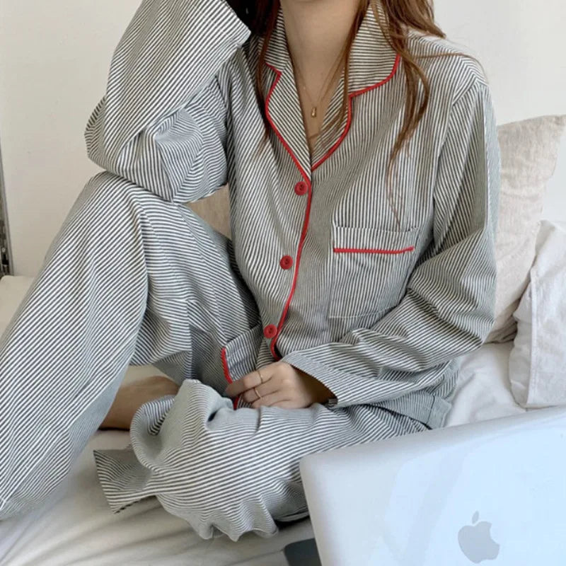 Spring and Autumn New Ladies Ins Pajamas Homewear Set Girls Simple Striped Long-Sleeved Student Underwear Pajamas Homewear Set