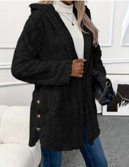 Women's Lazy Style Cardigan Autumn Winter Latest 2025 Argyle Textured Pattern Hooded Buttoned Fleece Coat Open Front jacket