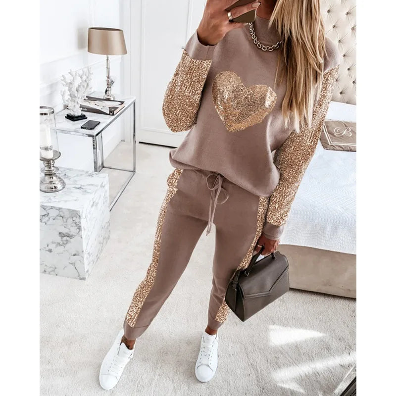 2024 Autumn Winter New Women's Khaki Love Sequins round Neck Long Sleeve Top Drawstring Trousers Casual Suit