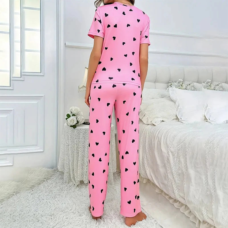 Casual Heart Print Pajama Set Autumn Short Sleeve Crew Neck Top & Elastic Pants For Valentine's Day Women Sleepwear & Loungewear