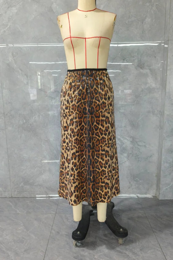 Abito da donna in stile urbano per pendolari, autunno inverno 2024, ultima moda, gonna con paillettes all-over e motivo leopardato, gonna a vita alta
