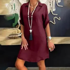 Oversized S-5XL Women Loose Blend Dress Summer Turn Down Collar Short Sleeve Solid Baggy Brazil Vestidos Beachwear FYY-1062