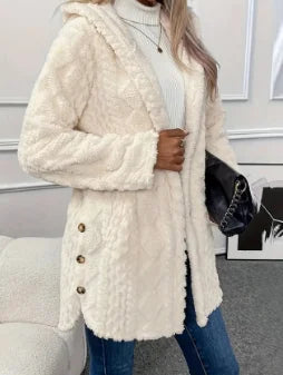 Women's Lazy Style Cardigan Autumn Winter Latest 2025 Argyle Textured Pattern Hooded Buttoned Fleece Coat Open Front jacket