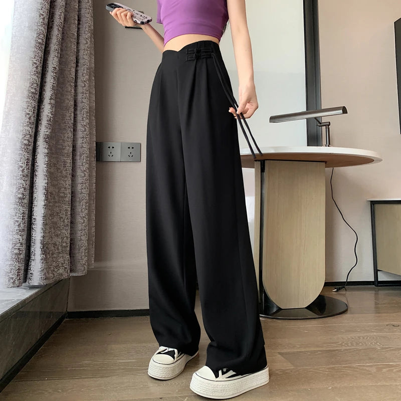2024 New Linen High Waist Suit Wide Leg Women's Full Pants Spring Summer Female Elegant Minimalism Straight Loose Trousers