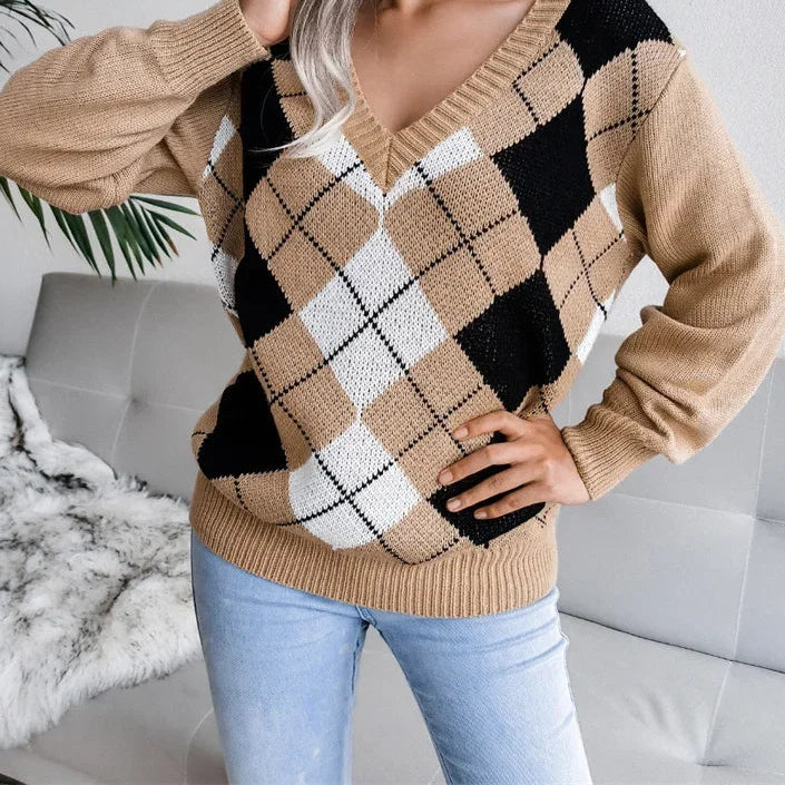 Maglione donna a rombi in stile college da donna, elegante, con scollo a V, maglione casual ampio, tendenza streetwear, autunno inverno