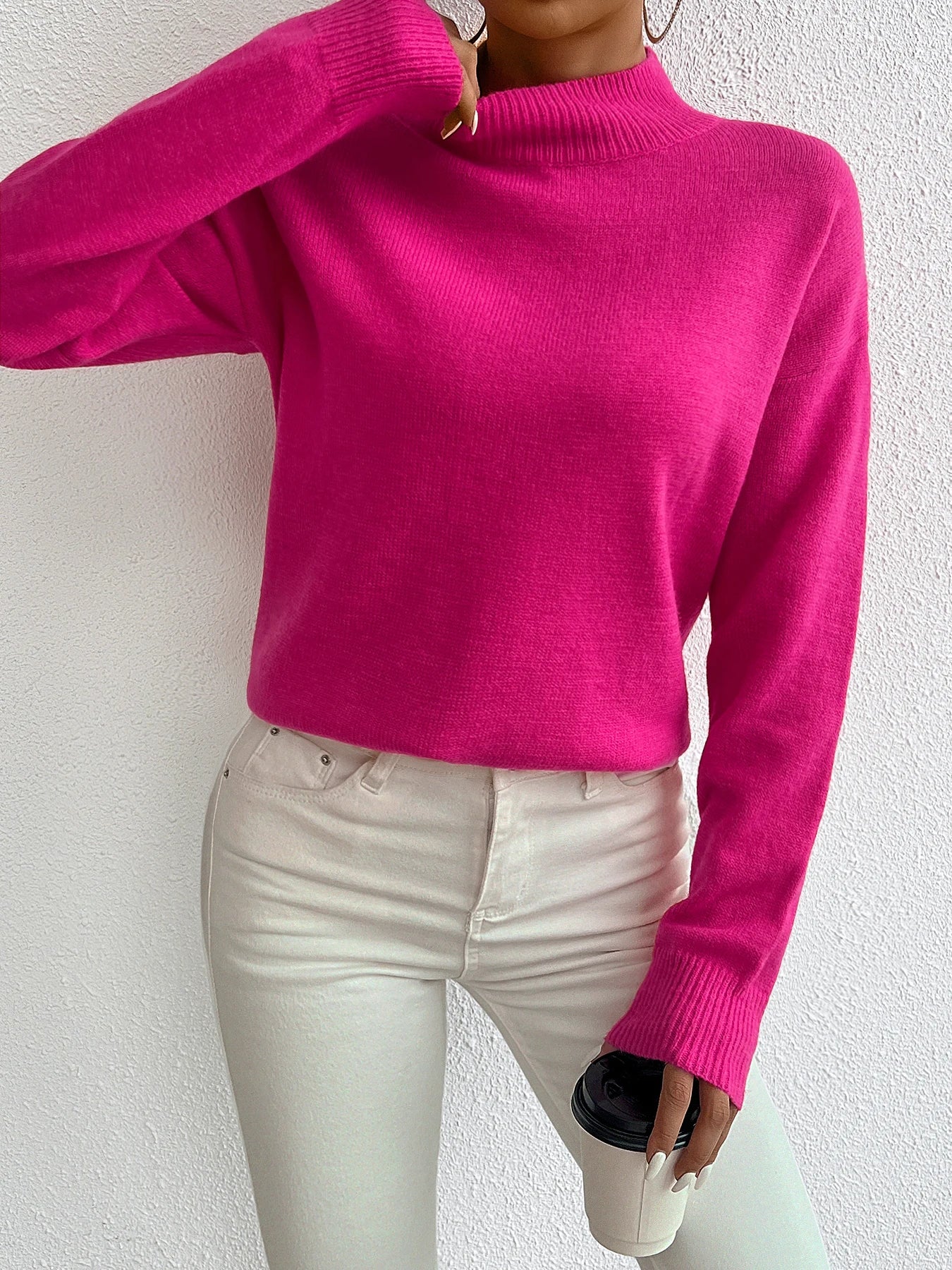 nch style small high neck off shoulder pullover sweater
