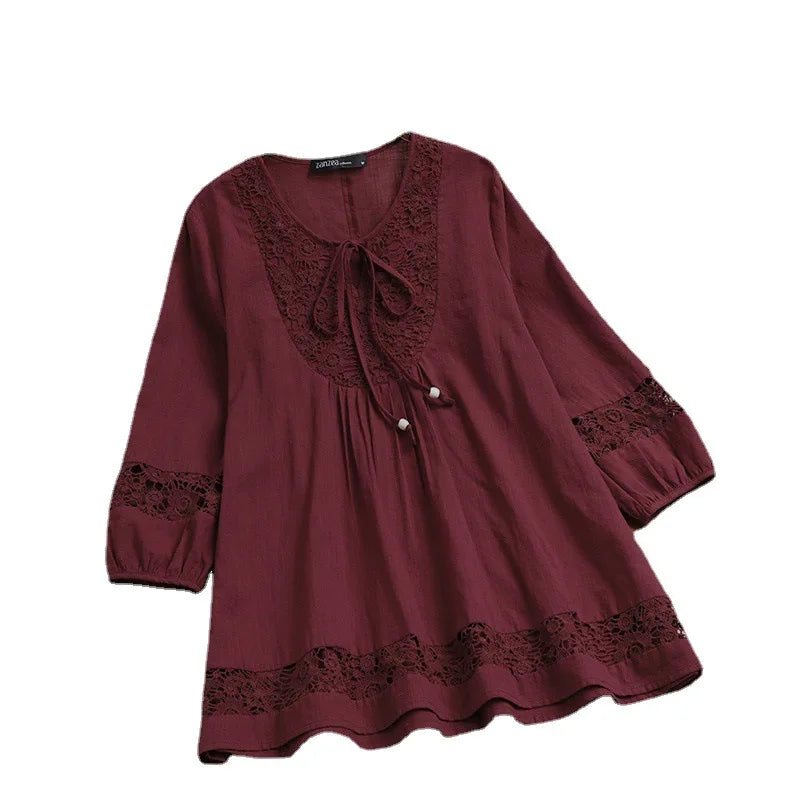 T Shirt Women Spring Autumn Cotton Linen Splicing Lace Temperament 3/4 Sleeve Loose Top T-shirt Tshirt women's Clothing YLY016