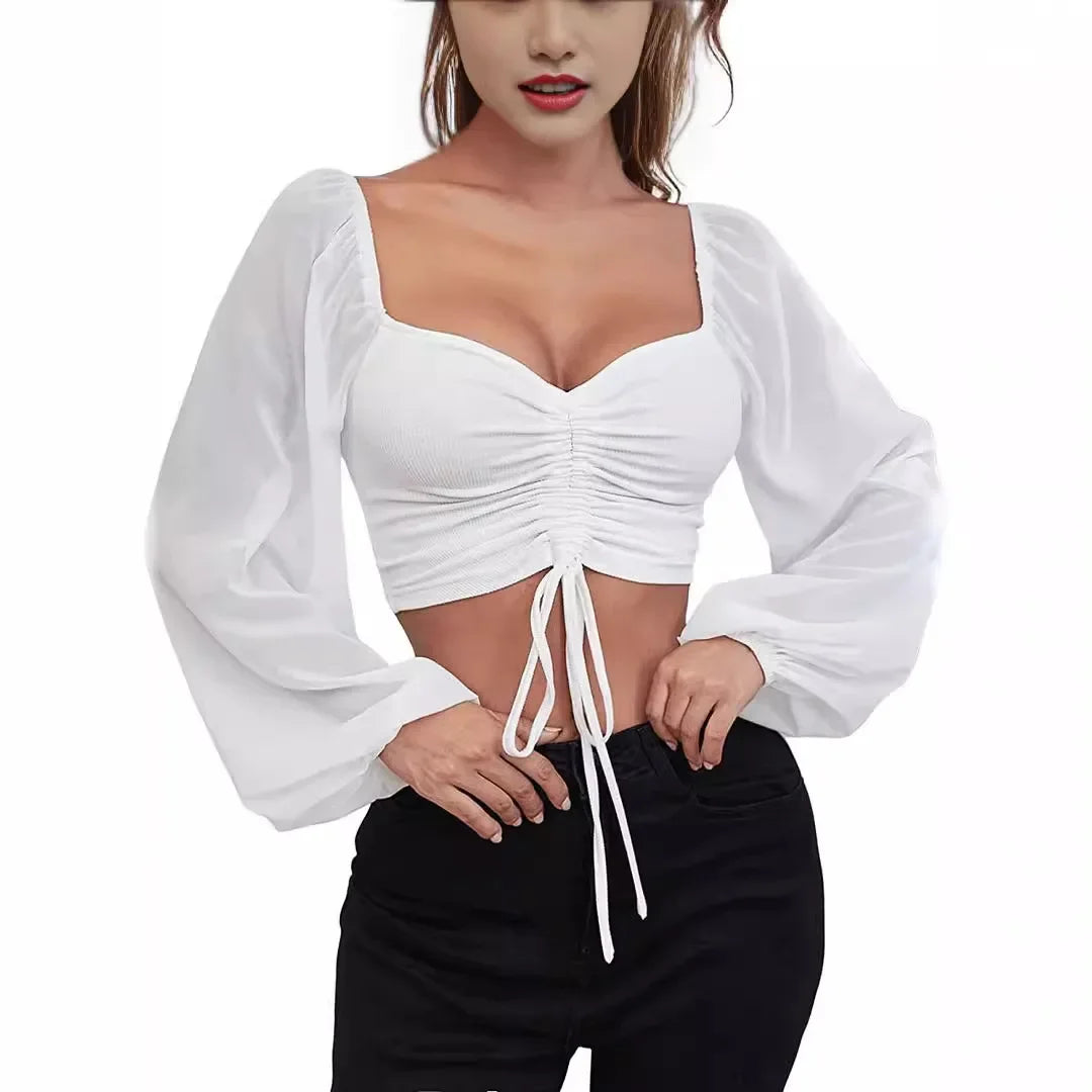 Maglietta donna Maglietta sexy da donna con maniche a lanterna in rete e coulisse, con petto nudo e ombelico, maniche lunghe