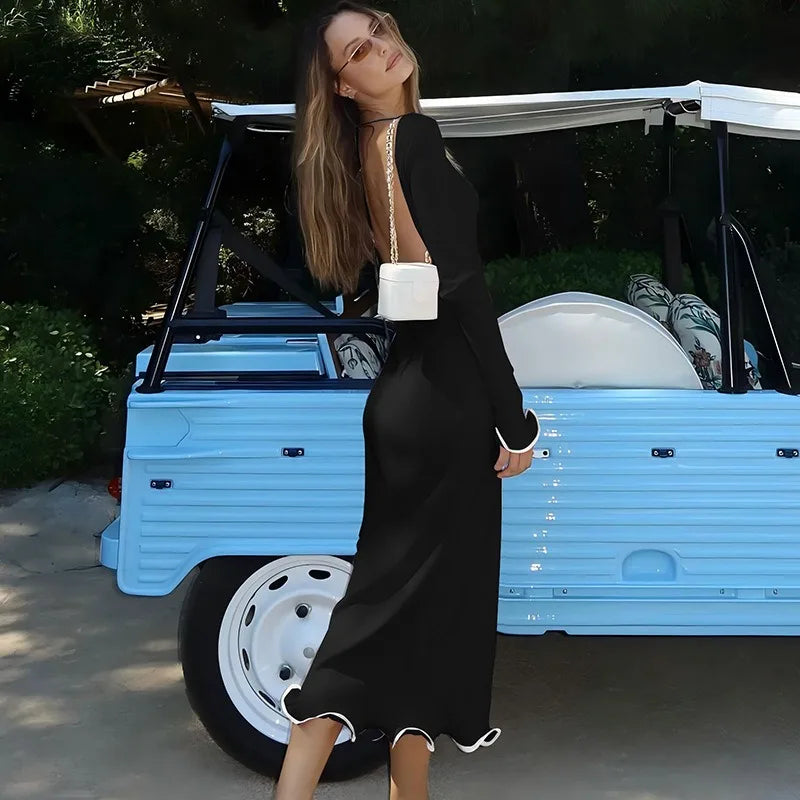 New Women Dresses Autumn Fashion Elegant Round Neck Pleat Long Sleeve Casual Slim Maxi Dress Lady Sexy Backless Club Party Dress