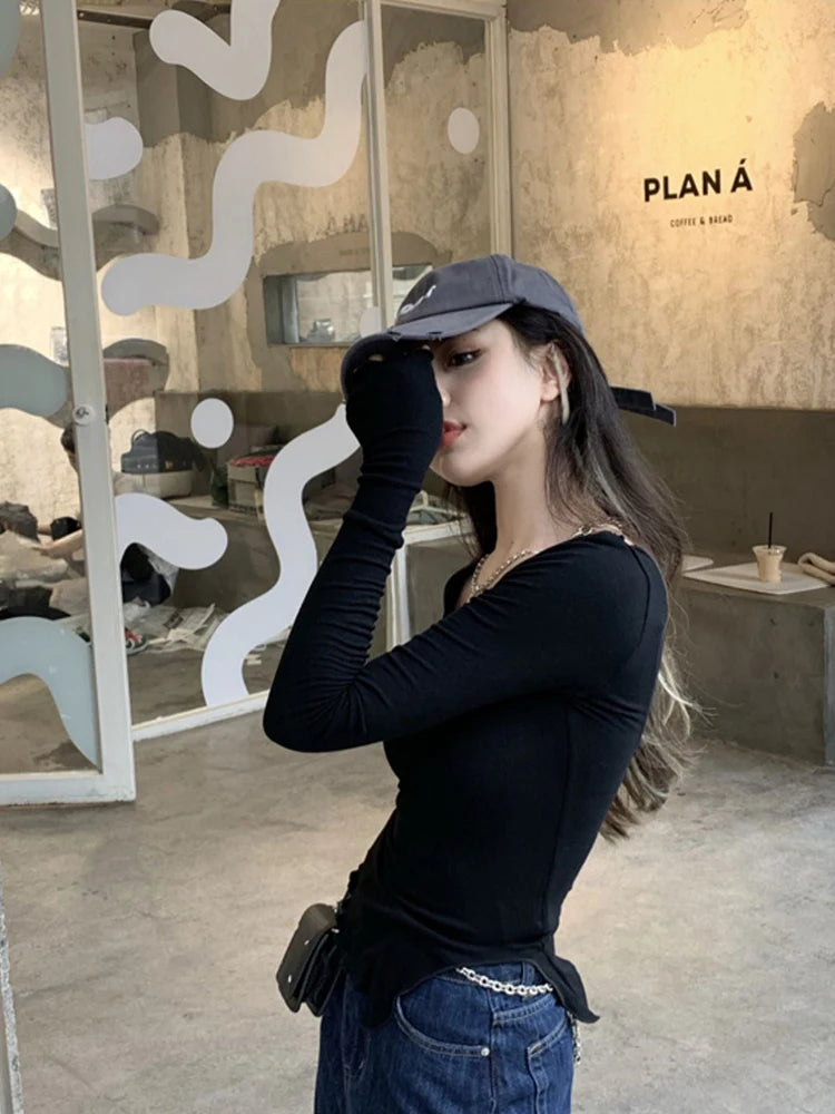 Long Sleeve T-shirts Women Fungus Line Irregular Hem Knitted Slender Autumn Bottoming Tees Chic Fashion Sexy Solid Ulzzang New