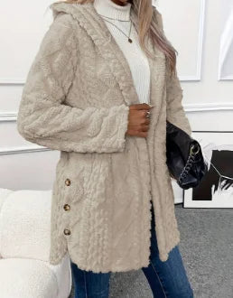Women's Lazy Style Cardigan Autumn Winter Latest 2025 Argyle Textured Pattern Hooded Buttoned Fleece Coat Open Front jacket