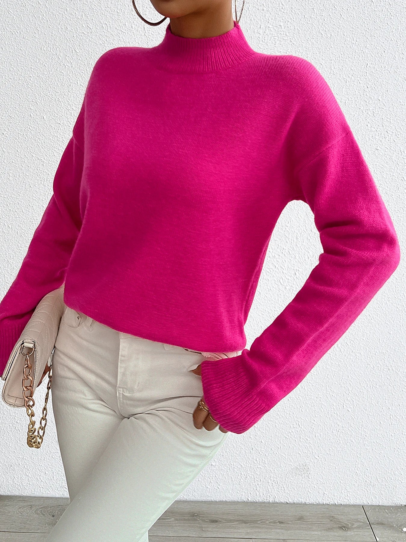 nch style small high neck off shoulder pullover sweater