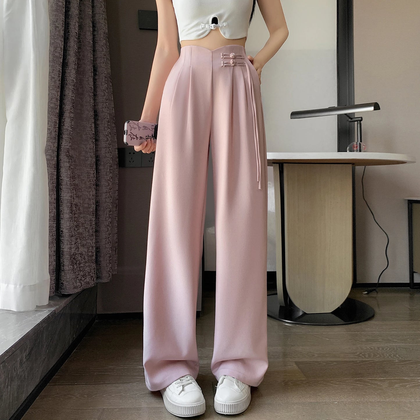 2024 New Linen High Waist Suit Wide Leg Women's Full Pants Spring Summer Female Elegant Minimalism Straight Loose Trousers