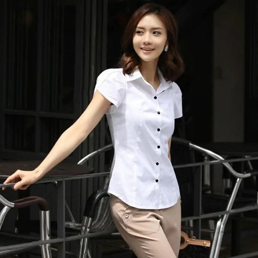 Summer Women Shirt Solid Color Lapel Petal Short Sleeve Pocket Button-up Blouse Slim Fit Single Breasted Lady Shirt Tops