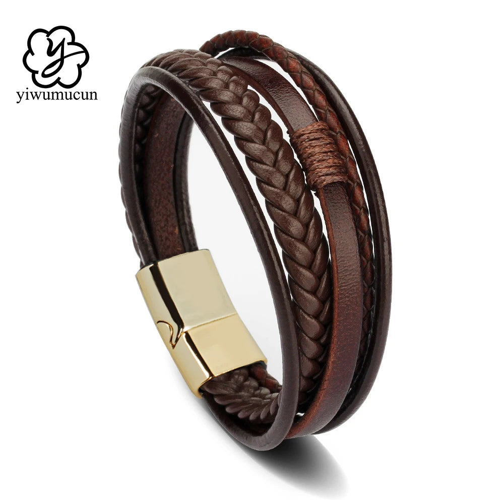 Bracciali in pelle alla moda per uomo, bracciale in acciaio inossidabile da 21 cm, braccialetti a corda intrecciata multistrato per gioielli maschili, regalo