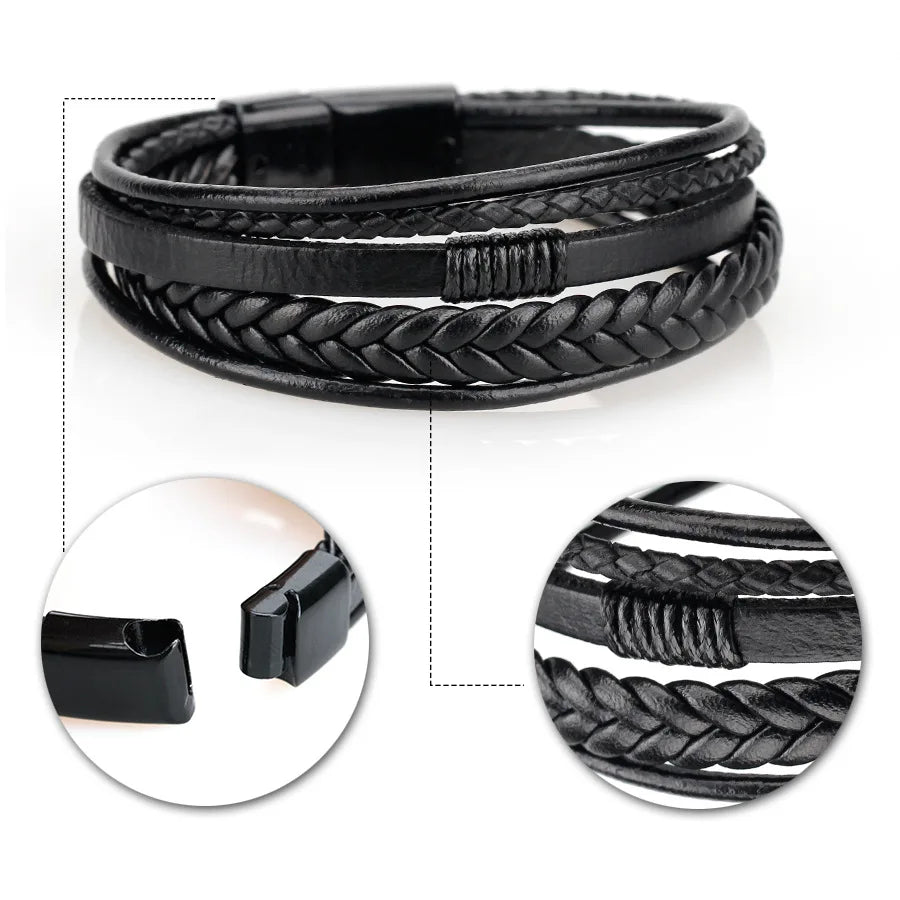 Bracciali in pelle alla moda per uomo, bracciale in acciaio inossidabile da 21 cm, braccialetti a corda intrecciata multistrato per gioielli maschili, regalo