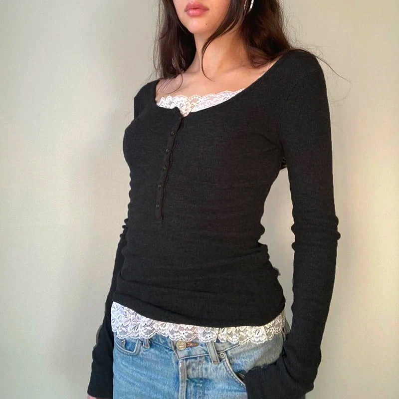00s Retro Cottage Grunge T-shirt Autumn Ribbed Knitted Long Sleeve Slim Fit Tees Y2K Fairy 90s Vintage V Neck Crop Tops Women