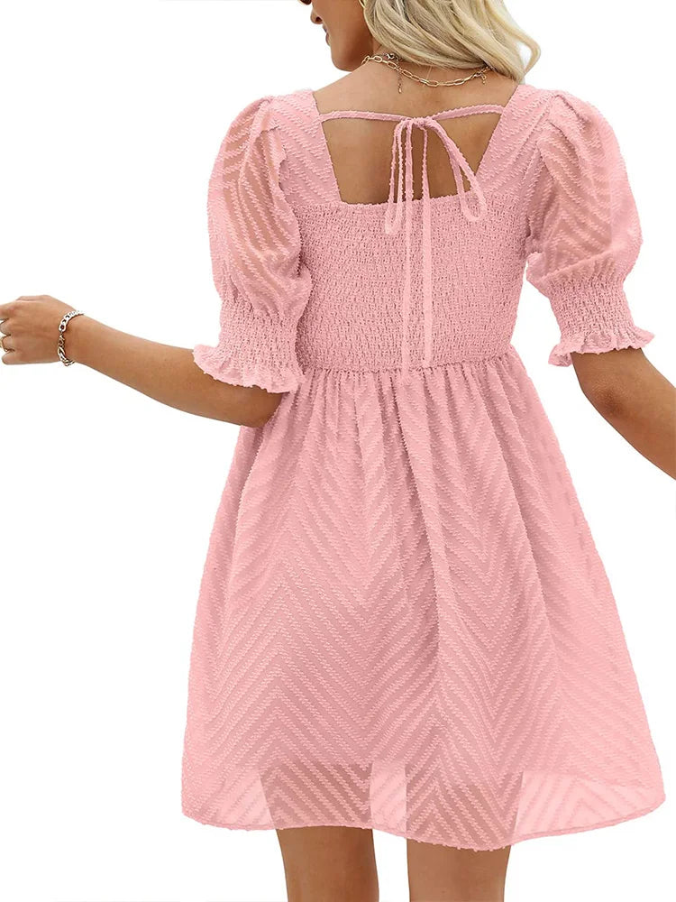 Women's Summer Dress 2023 Casual Flowy Beach Square Neck Lantern Short Sleeve Pleated A Line Dress Tie Mini Dress