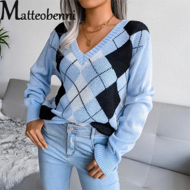 College Style Rhombus Sweater Women Elegant V Neck Pullover Jumpers Female Autumn Winter Casual Loose Knitwear Trend Streetwear