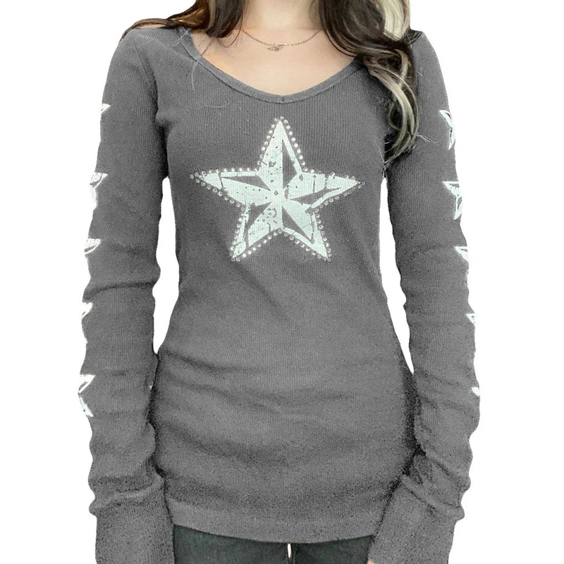 Y2K Grunge Cyber Mall Goth Thermal T-shirt Skulls Graphic Print Long Sleeve Pullovers Tops Women 90s Vintage Aesthetic Tees